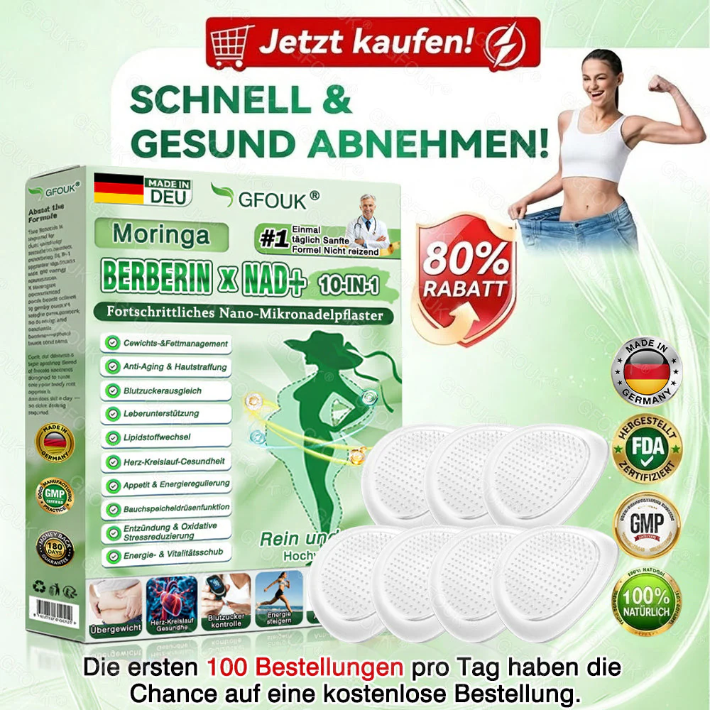 🇩🇪Offizieller Shop | 💥🔥 GFOUK® Moringa Berberinex NAD+ 10-in-1 Nano-Mikronadel-Patch (Nur einmal täglich, sichtbare Veränderungen in 7 Tagen) ✅ Für Übergewicht, lockere Haut, Diabetes, Schlafapnoe, Gelenkprobleme und mehr